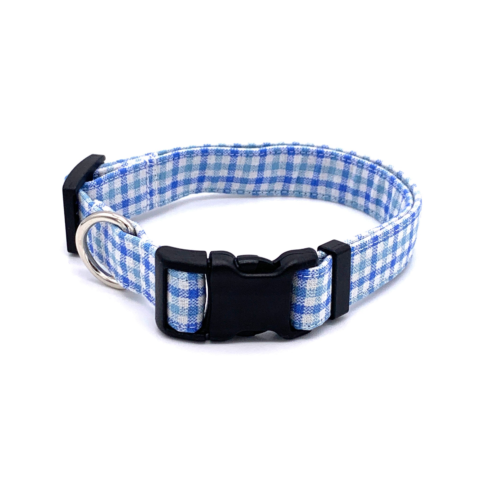 Blue gingham shop dog collar